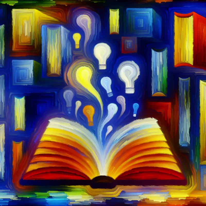 Abstracte en kleurrijke scène van een speelse bibliotheek vol met oversized boeken, geïnspireerd door Karel Appel
