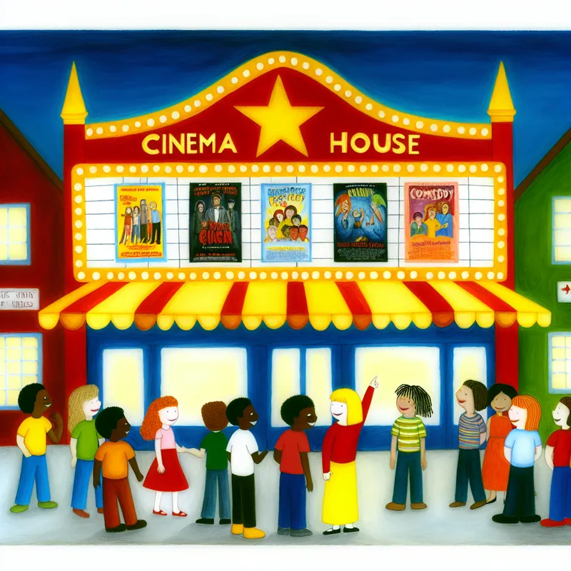 Een speelse scene in een kleurrijke bioscoop met kinderen die wijzen naar filmposters.