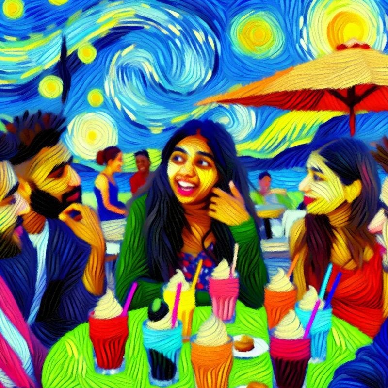 Jonge vrouw praat levendig met vrienden in een kleurrijke buiten café setting vol drankjes en gebakjes.