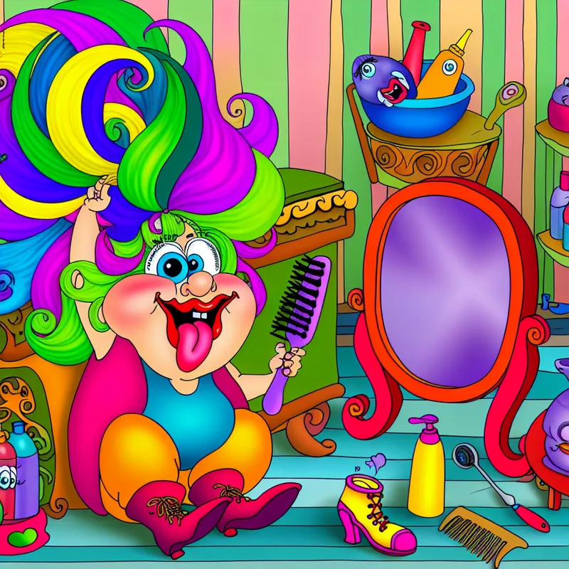 Een speelse cartoonafbeelding van een karakter dat voor een kleurvolle spiegel zit en een grote kam vasthoudt terwijl het zijn levendige haar stylt.