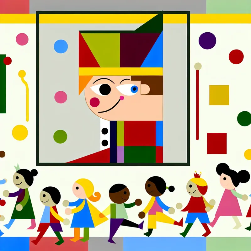 Een cartoonachtige koning omringd door blije kinderen, weergegeven in een minimalistische stijl met heldere kleuren.