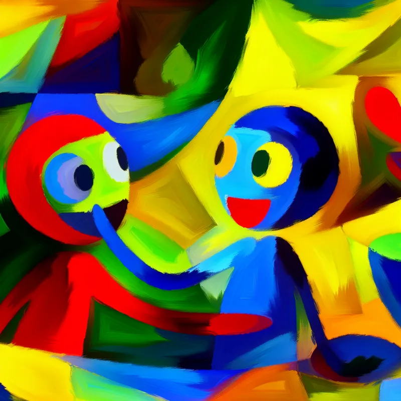 Speelse cartoonfiguren die 'hoi' zeggen tegen elkaar in een kleurrijke abstracte omgeving