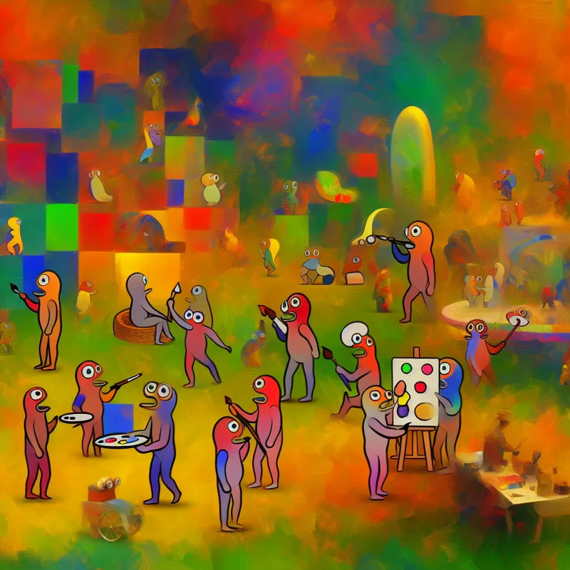 Vibrant abstract scene met kleurrijke, cartoonachtige wezens die 'moetjes' symboliseren, engaged in speelse activiteiten.