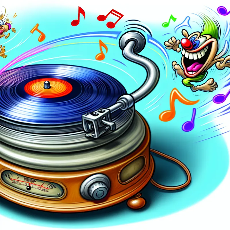 Een cartoonachtige draaitafel met een zichtbaar, goed geoliede as in het midden, met een vrolijke kat of hond die speelt met de draaiende schijf en musical noten om zich heen.