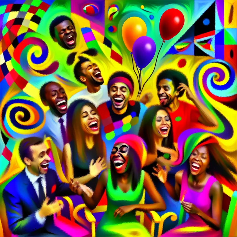 Abstracte scène van een feest met lachende mensen en kleurrijke versieringen, één persoon imiteert een grappig gebaar met een overdreven gezichtsuitdrukking.