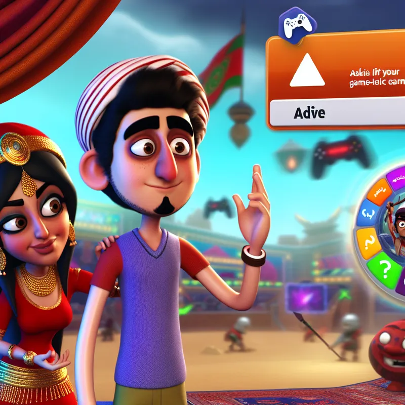 Een cartoonachtige scène met drie kleurrijke personages die in een speelse gameomgeving advies geven en vragen stellen.