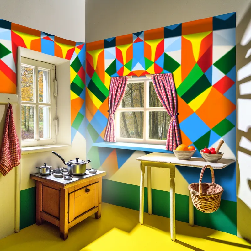 Klein en kleurrijk gordijntje in een speelse keuken met geometrische patronen.