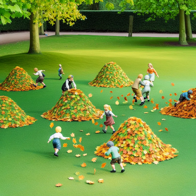 Speelse scène van een speeltuin met kleine, kleurrijke hopen herfstbladeren waar kinderen omheen spelen.