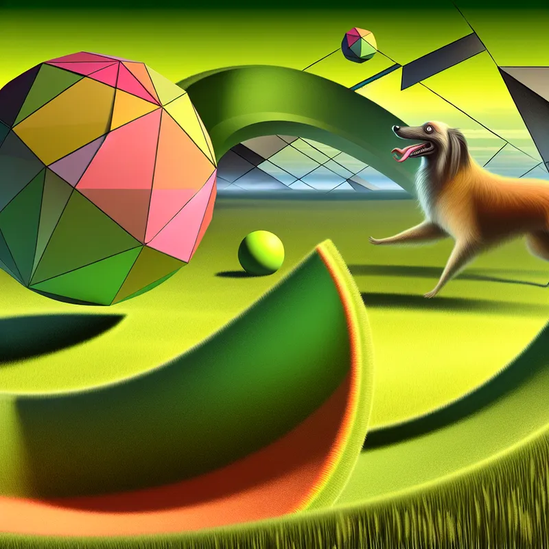 Vibrant, oversized bal op een optisch illusie-grasveld met een speelse hond die de bal terugbrengt