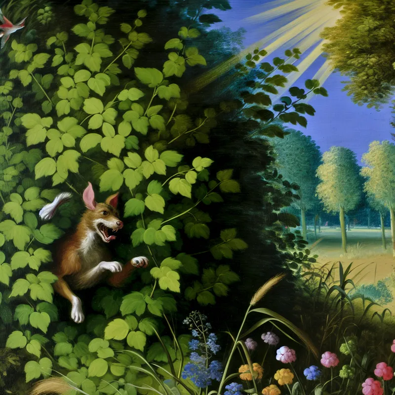 Een levendige scène van een speelse hond die onverwachts tevoorschijn komt uit een groene struik, met opgewonden oren en kwispelende staart.