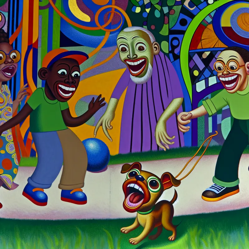 Speelse kleine hond blaft aandachtig in een levendig park, omringd door lachende kinderen en volwassenen in een kleurrijke achtergrond.