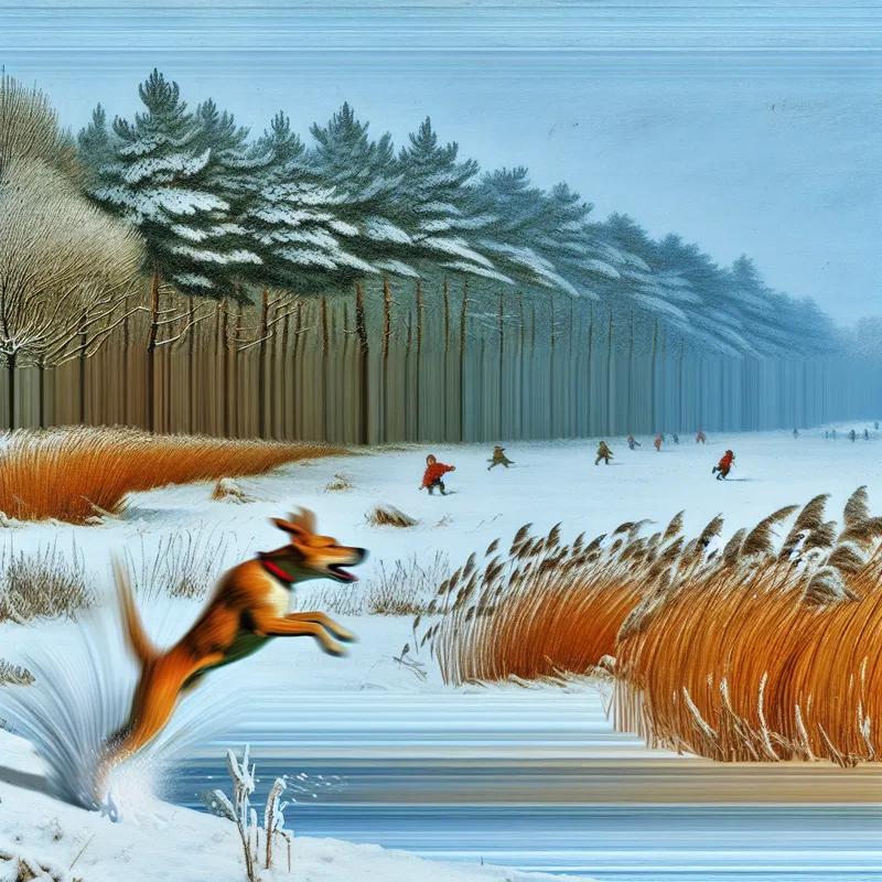 Speelse hond die energiek door een sneeuwveld rent, met kinderen en een bos op de achtergrond in winterse omgeving.