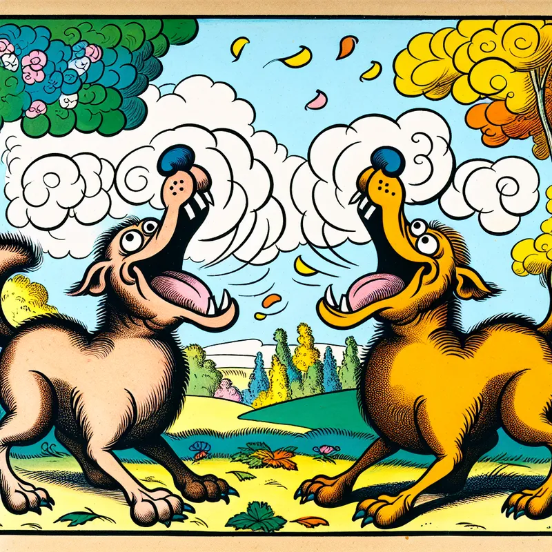 Twee vrolijke honden in een zonnig park brassen tegen elkaar, in een kleurrijke cartoonstijl.