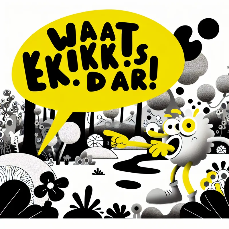 Speelse illustratie van een grote gele spraakballon met de tekst 'Wat, kijk eens daar!' uit een kleurrijk karakter met een verraste uitdrukking.