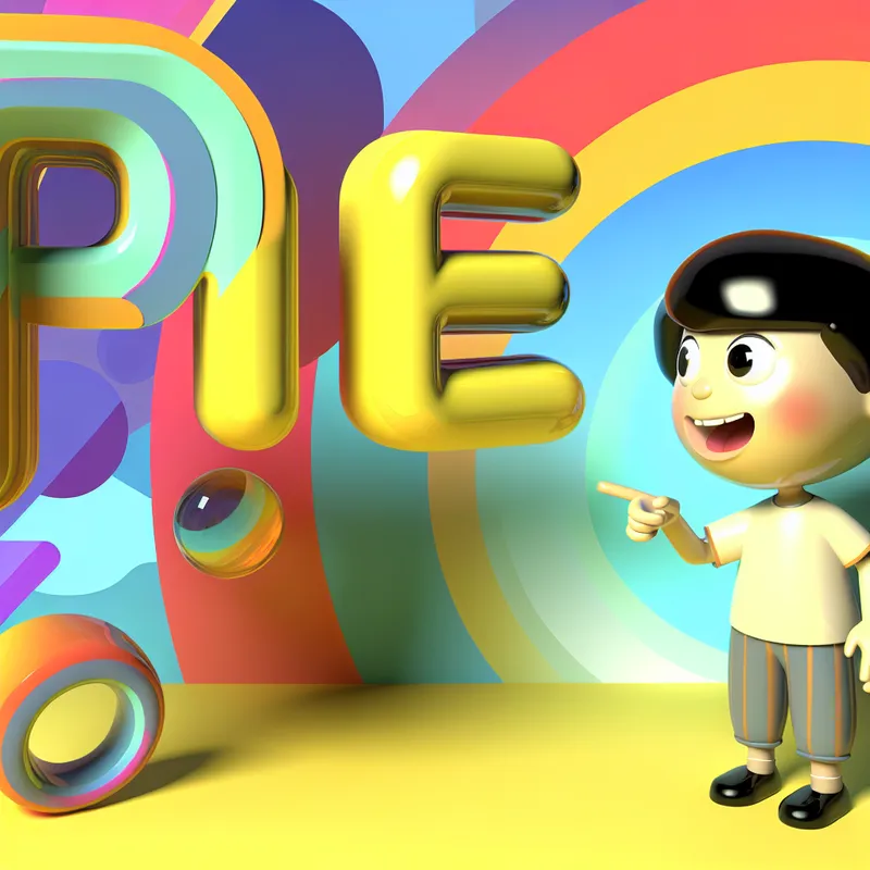 Illustratie van een nieuwsgierig kind dat wijst naar het woord 'pee' omringd door kleurrijke vormen en retro-futuristische elementen.