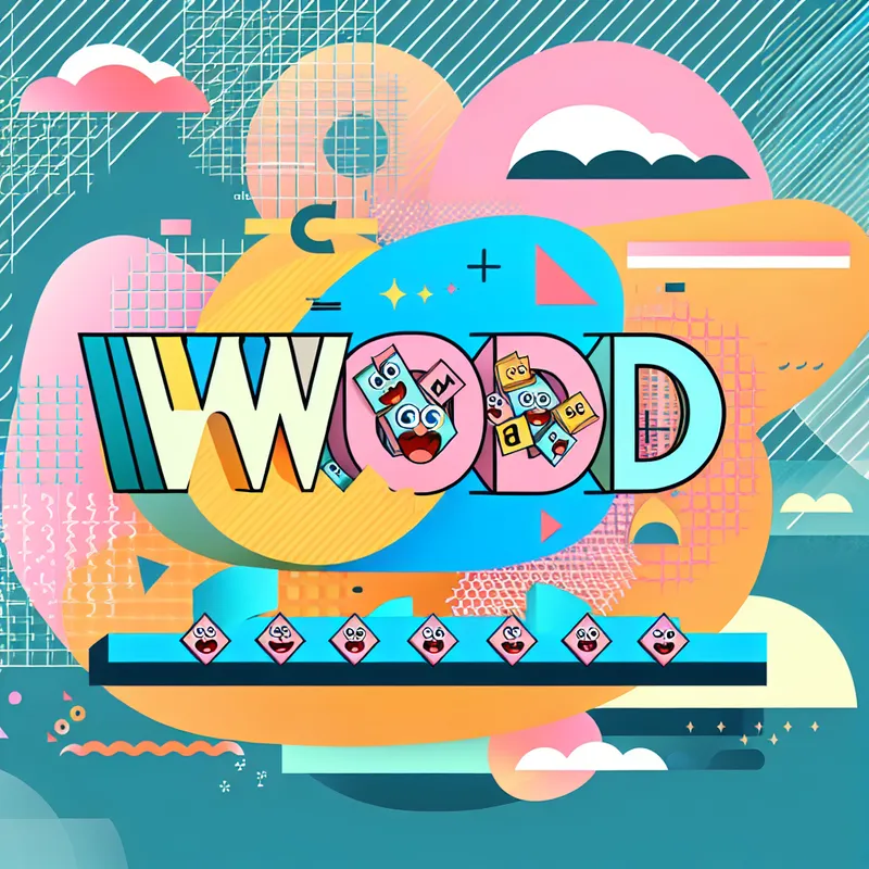 Een cartoonachtig woord 'woord' dat zich transformeert in kleinere vormen zoals 'woordje', omringd door geometrische vormen en retro-futuristische elementen.