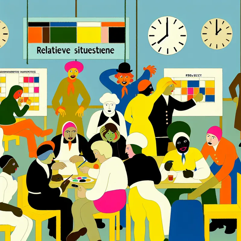 Illustratie van diverse mensen in een kantooromgeving, besprekend over deadlines met kleurrijke klokken en grote tekst 'Relatieve Situatie'.