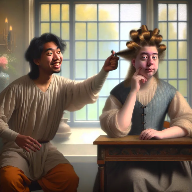 Een jonge man met een speelse uitstraling plaagt een vriendin over haar nieuwe kapsel in een gezellige interieuromgeving