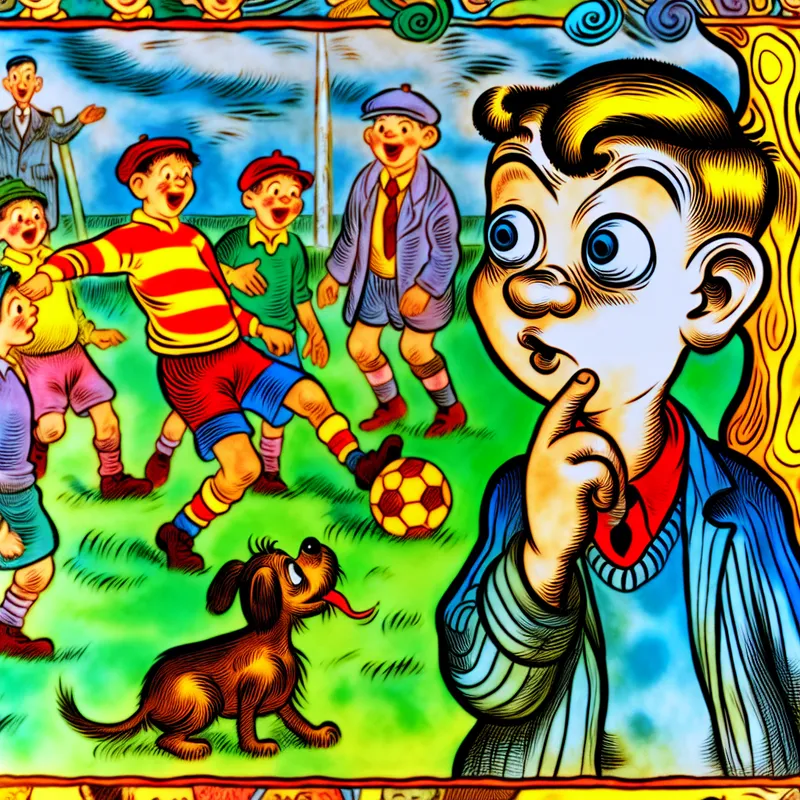 Een jonge jongen met een speelse houding kijkt naar oudere kinderen die voetbal spelen in een park, met een vriendelijk hondje naast hem.