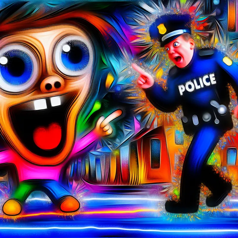 Een abstracte afbeelding van een speelse, grote kind dat enthousiast wijst naar een cartoonachtige politieagent in een chaotische stedelijke omgeving.