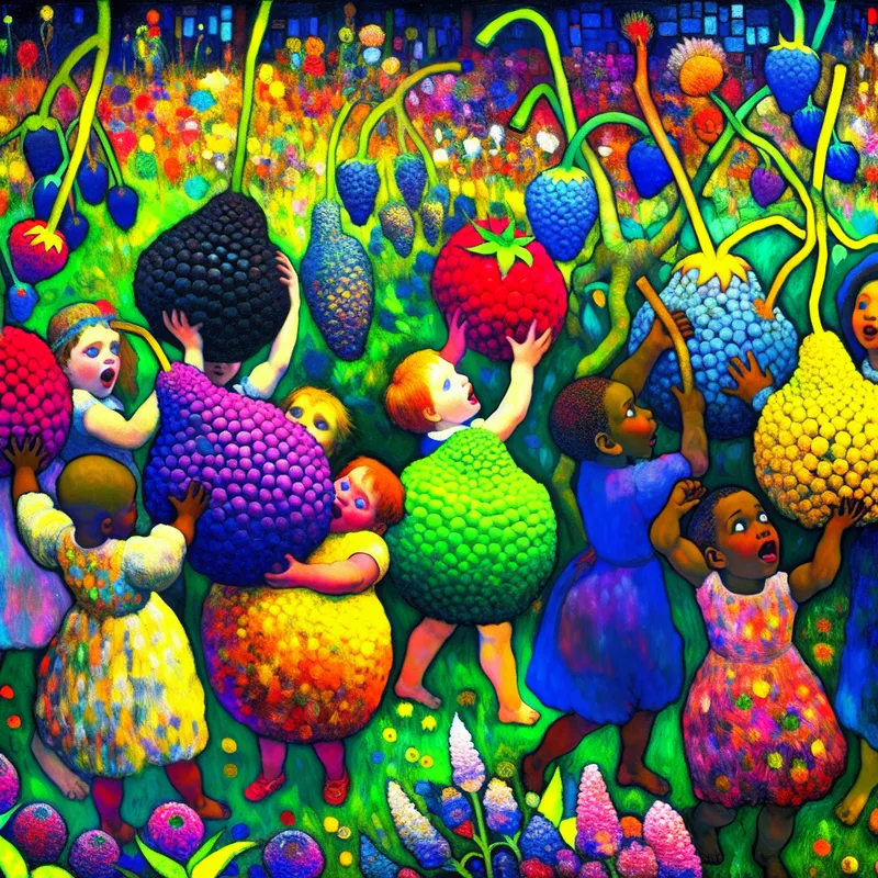 Speelse kinderen in een kleurrijke tuin, elk met een grote, levendige bes in de hand.