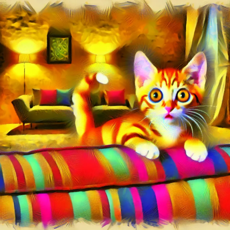 Speelse kitten die nieuwsgierig achter een kleurrijke bank tevoorschijn komt in een warme woonkamer.