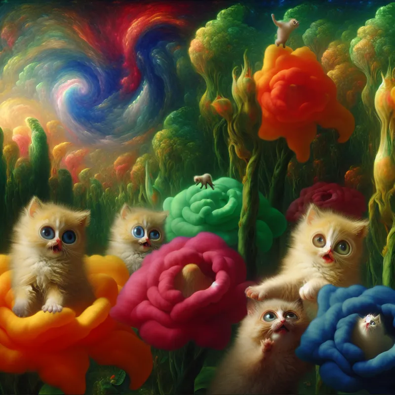 Speelse kittens in een surrealistisch landschap tussen kleurrijke bloemen