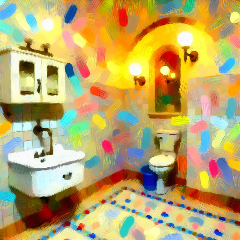 Vibrant abstract weergave van een klein badkamertje met een speelse en kleurrijke uitstraling, ontworpen voor gasten.