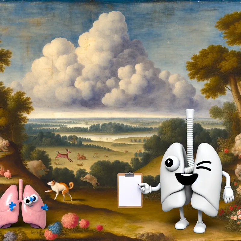 Een cartoonachtige kleine long met een blije uitstraling, omringd door kleurrijke bloemen en luchtige wolken, terwijl het een medische chart vasthoudt en knipoogt naar nieuwsgierige dieren.