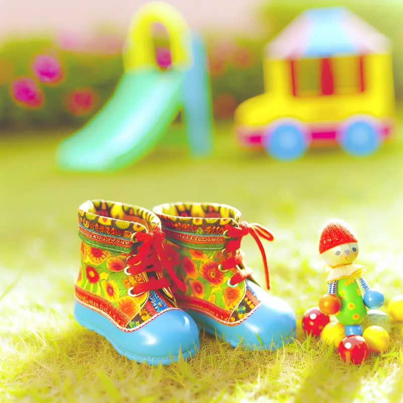 Een paar schattige, miniatuur kinderlapschoenen op een zonnig grasveld, omringd door speelgoed en bloemen.