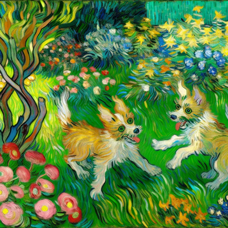 Twee speelse puppy's met grote expressieve ogen die vrolijk rondrennen tussen kleurrijke bloemen en gras in een levendige tuin, geschilderd in de stijl van Vincent van Gogh.