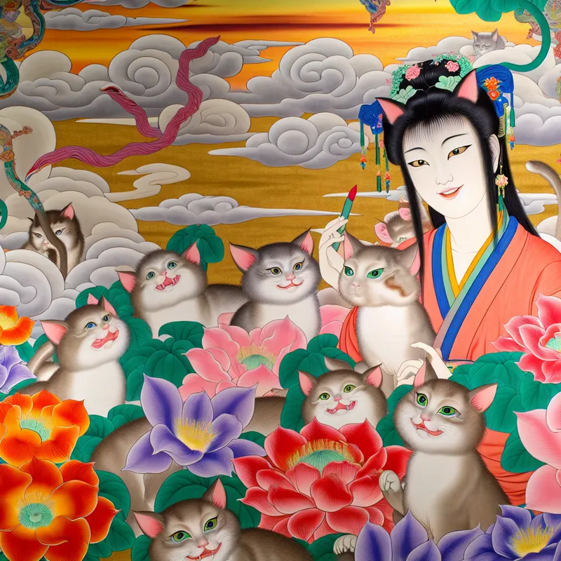 Een speelse scène met een meisje omringd door cartoonachtige kittens, met kleurrijke bloemen en wolken op de achtergrond.