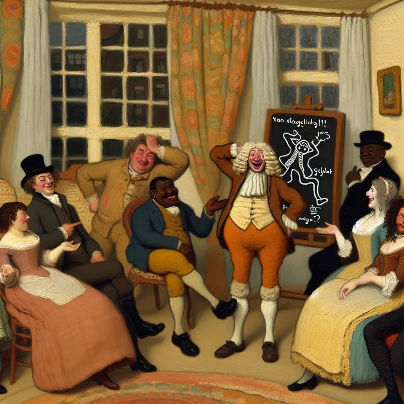 Een speelse scène in een gezellige huiskamer met een dishevelled personage en lachende mensen, samen met een krijtbord vol humoristische stereotypen.