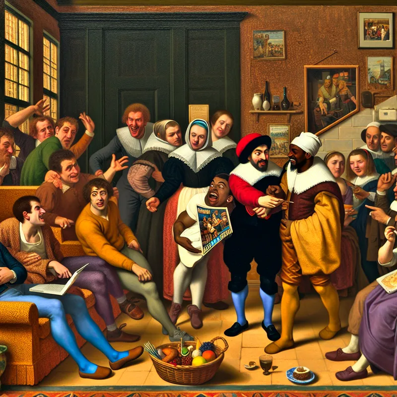Twee vrienden hebben een speelse meningsverschil in een gezellige woonkamer, omringd door lachende vrienden met snacks, in de levendige stijl van Jan Steen