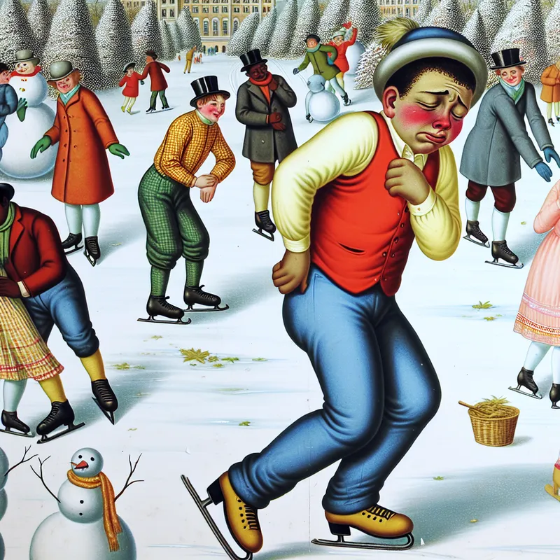 Een speelse winterse scène met jongemannen die vrolijk schaatsen en sneeuwpoppen maken, waarin één figuur bloost en een ongemakkelijke houding aanneemt op het ijs.