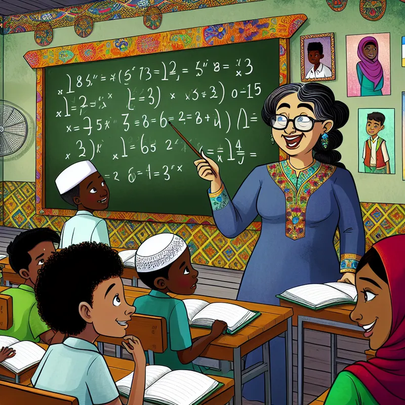 Een kleurrijke en speelse klaslokaal met een enthousiaste leraar die wiskunde onderwijst aan een diverse groep kinderen.