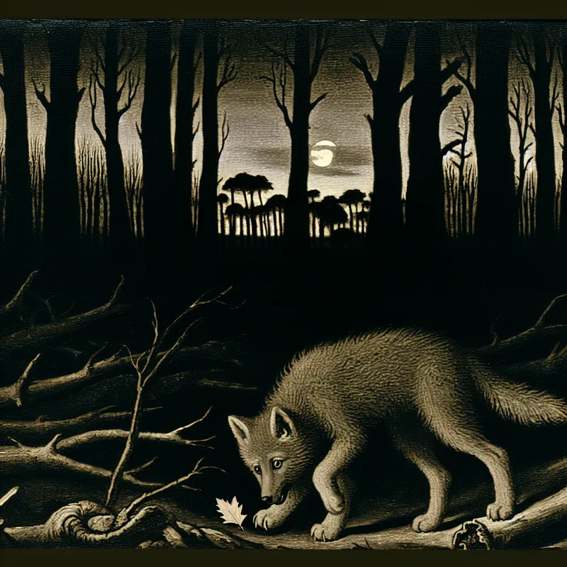 Een schattige wolfshond in een duister bos bij schemering, speels interactief met de omgeving.