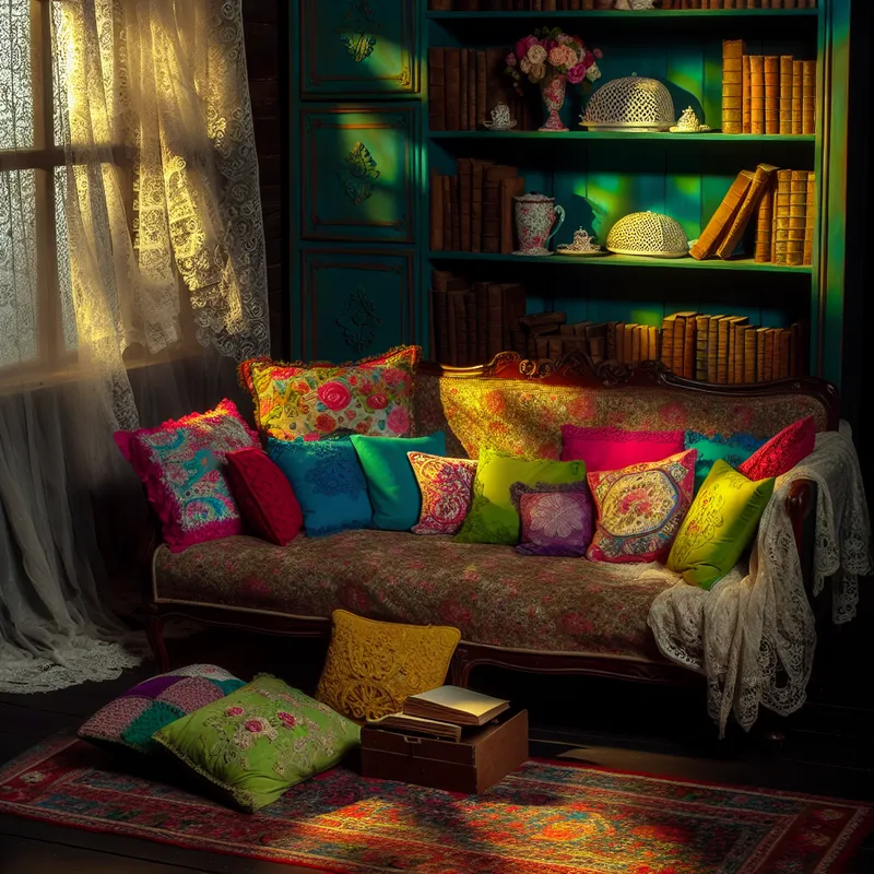 Speelse woonkamer met kleurrijke kussens op een vintage bank, omgeven door een boekenkast en een knusse loper, verlicht door zacht licht en kant gordijnen.