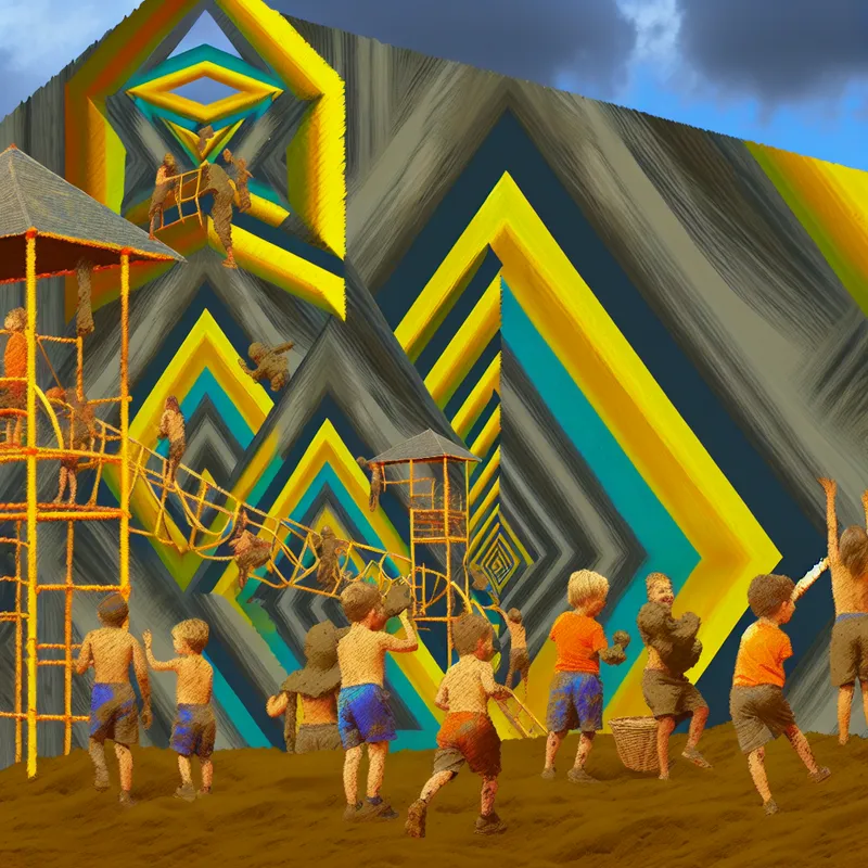 Kinderen spelen blij in een surrealistische modderige speeltuin genaamd KLEILAND, met abstracte geometrische structuren van klei.