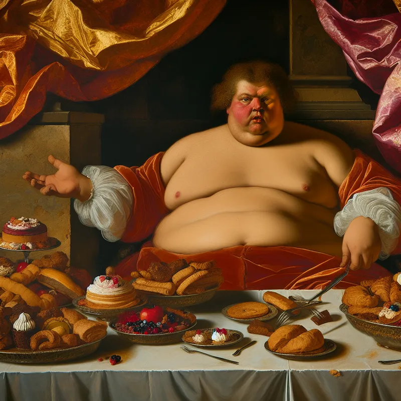 Barokke scène van een persoon met overgewicht aan een overdadige bankettafel, symboliserend overconsumptie en het informele woord 'spekvet'