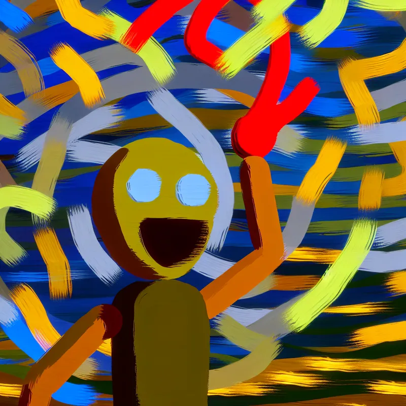 Kleurrijke cartoonfiguur die moeiteloos een eenvoudige taak uitvoert, zoals een puzzelstukje plaatsen, in expressieve stijl van Karel Appel