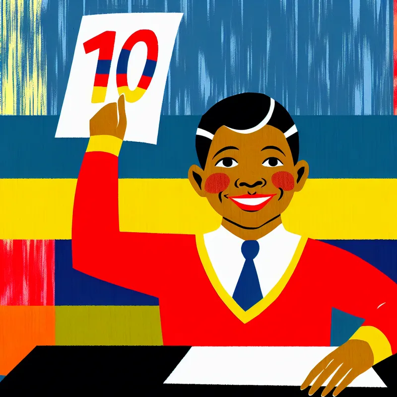 Vrolijke student met een perfect cijfer 10 op een toets, illustratie in minimalistische stijl van Dick Bruna over spekvet makkelijke taken