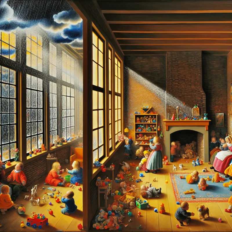 Een gelukkige familie van kinderen die speelt in een kleurrijk ingericht kamer met speelgoed, terwijl je buiten regendruppels op het raam ziet