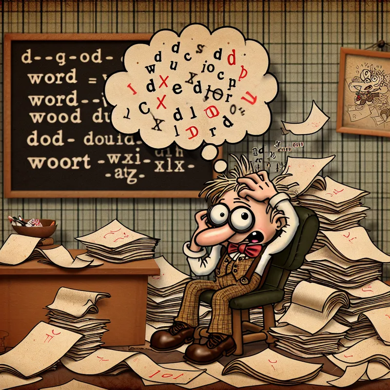 Grappige cartoon van een persoon die worstelt met spelling, omringd door verbeterde papieren en een kat die met een woordenboek speelt
