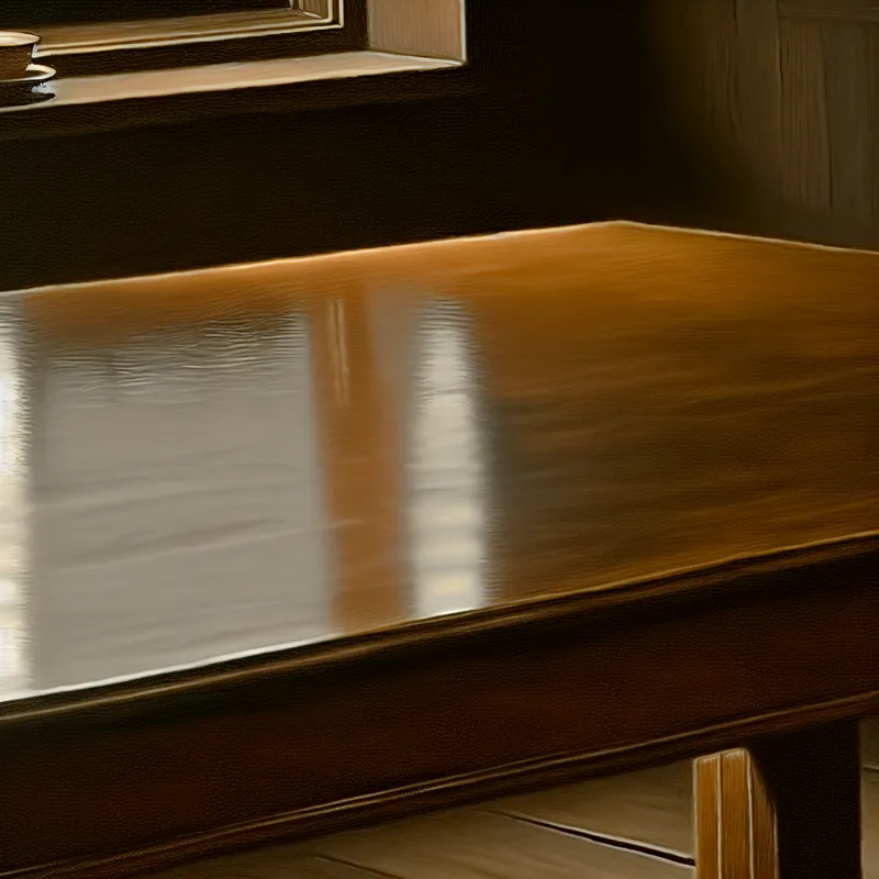 Spiegelglad gepolijst houten tafelblad in een zacht verlichte Nederlandse interieur, stijl van Johannes Vermeer