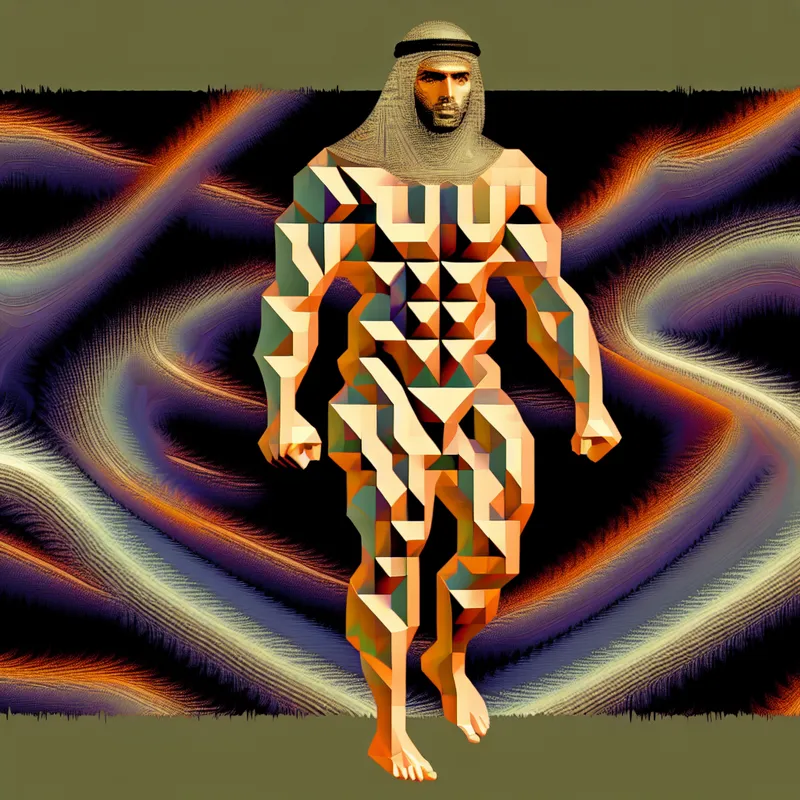 Surrealistische afbeelding van een figuur met overdrijvende spieren te midden van vervormde geometrische vormen die de mogelijkheden van groei en gewicht verkennen.