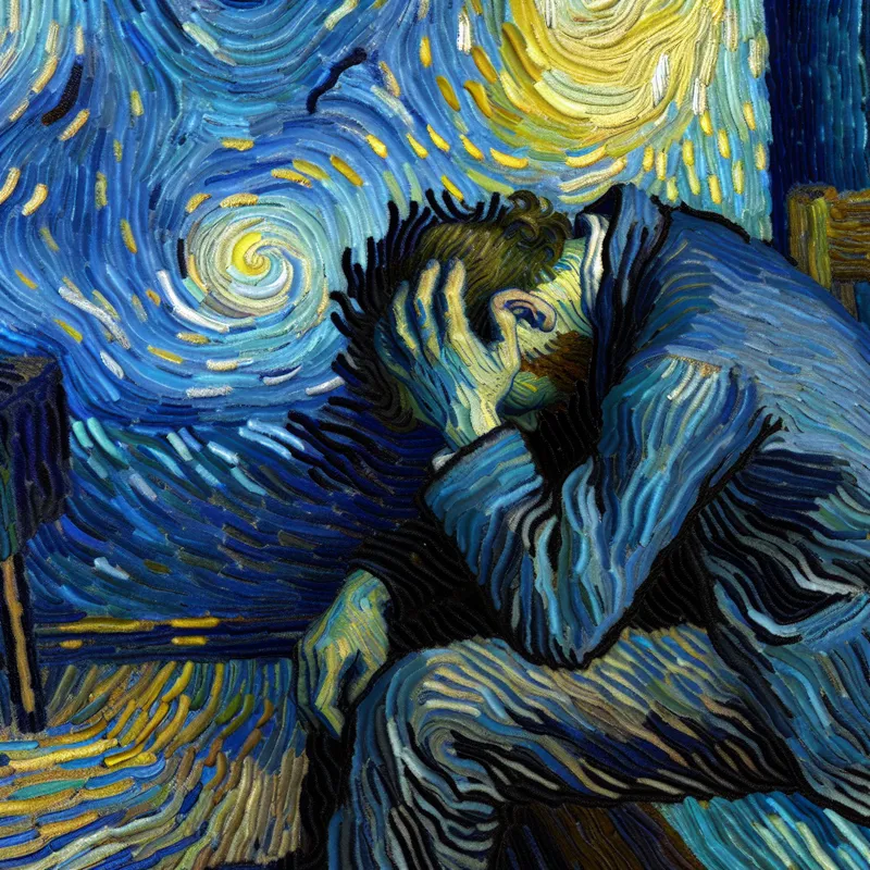 Emotionele persoon met spijt in Van Gogh-stijl, huilend in een donkere kamer met zichtbare verloren kans