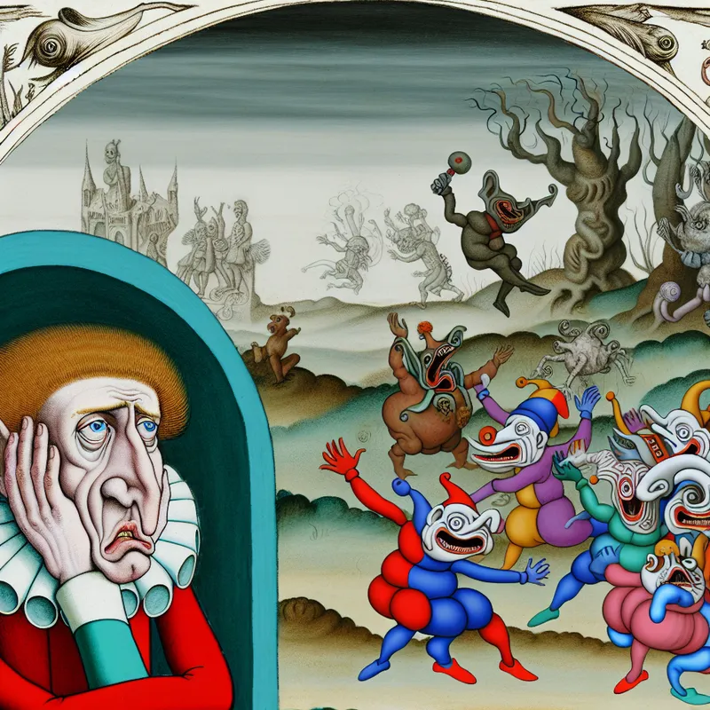 Een komisch personage met een spijtige uitstraling, omringd door unieke wezens die een levendig spel spelen in een dromerige omgeving.