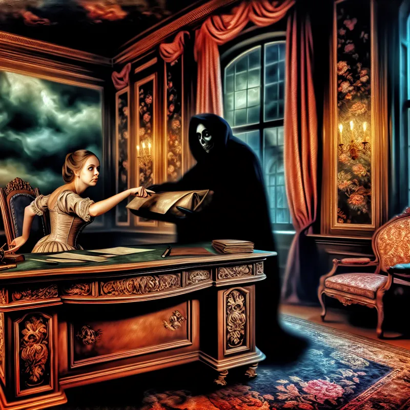 Een spion geeft discreet vertrouwelijke documenten over aan een schimmige figuur in een weelderig, donker kantoor.