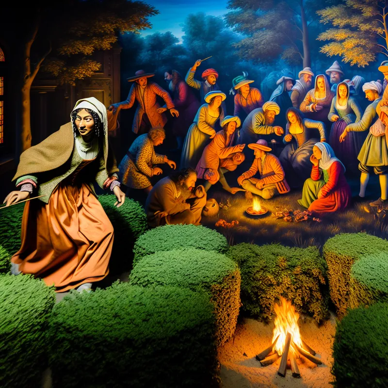 Een spion kruipt voorzichtig door dichte struiken naar een groep mensen rond een vuur.